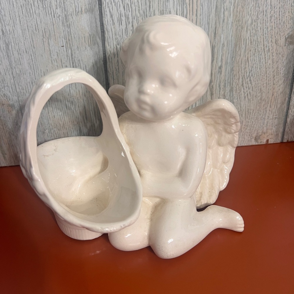 Vintage Ceramic Cherub Angel‎ Figurine Planter Basket Trinket Dish Cream White